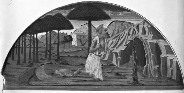 Nicola di Maestro Antonio d’Ancona, Landschaft mit dem büßenden heiligen Hieronymus, Turin, Gallery Sabauda (Artwork in the public domain)