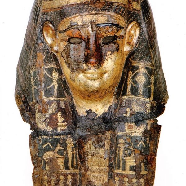 Mumienmaske, Ptolemäisch, 323-30 v. Chr., Kartonage, Stuck, Textil, grundiert, bemalt und vergoldet. © Ägyptisches Museum und Papyrussammlung SMB (Inv. Nr. ÄM 813)