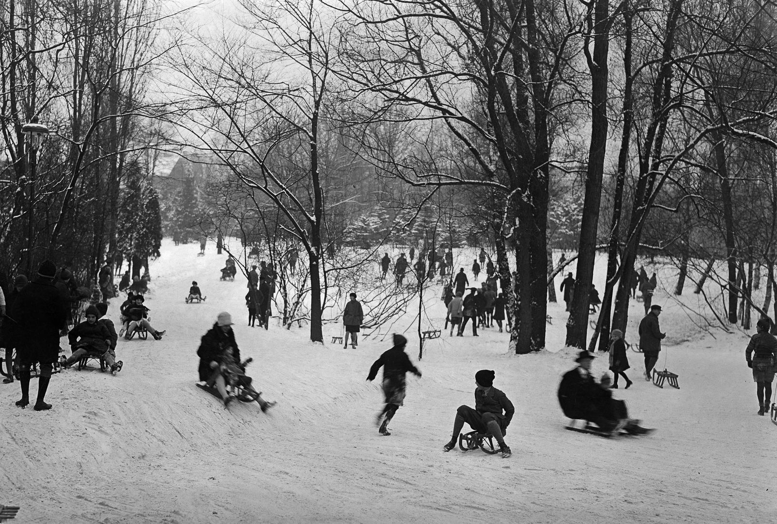 Wintersport im Stadtpark Berlin Steglitz: Eltern und Kinder beim Rodeln, 1929 © bpk / Kunstbibliothek, SMB / Willy Römer