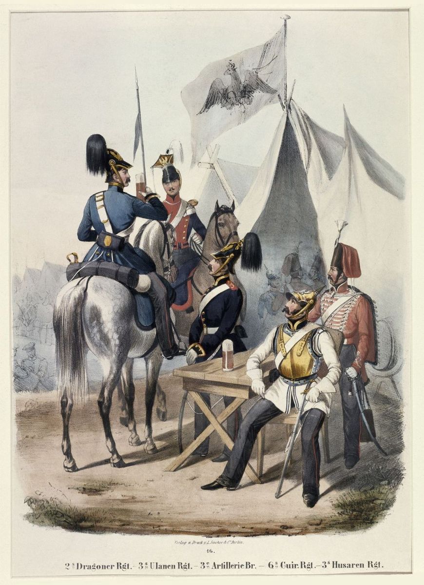 Preußische Soldaten mit ihrer Standarte, in den Jahren 1843-45, Lithografie. © bpk / Kunstbibliothek, Staatliche Museen zu Berlin