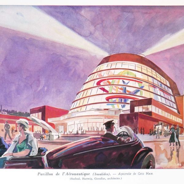 Geo Ham, Impression des Pavillons der Luftfahrt, Aquarell in L’Illustration, Sonderausgabe August 1937