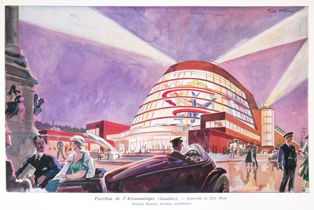 Geo Ham, Impression des Pavillons der Luftfahrt, Aquarell in L’Illustration, Sonderausgabe August 1937
