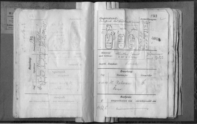 Abb. 3  Laufzettelverzeichnis 1912, S. 531 und 532 © Staatliche Museen zu Berlin – PK, Ägyptisches Museum und Papyrussammlung, Dokumentenarchiv