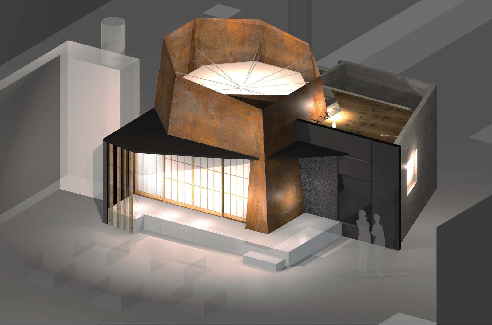 Teehaus im Humboldt Forum, Bereich Asien im Ausstellungsmodul zu japanischer Kunst (Rendering). © SHF / URA Architects & Engineers