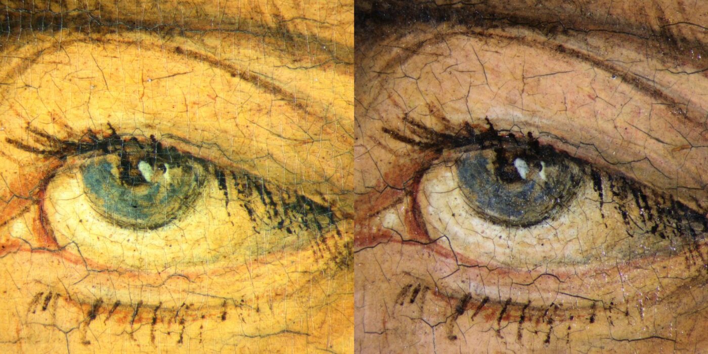 Sein linkes Auge vor und nach der Restaurierung zeigt, wie die Farbigkeit und die Plastizität durch den dicken gealterten Firnis beeinträchtigt waren. © Staatliche Museen zu Berlin, Gemäldegalerie / Christoph Schmidt