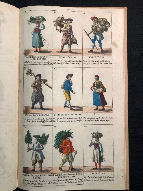 Seitenansicht mit kolorierten Kupferstichen aus David Herrliberger, Baßlerische Ausruff-BilderBildbeispiel, Zürich 1749, Sign. Ga 10 mtl.