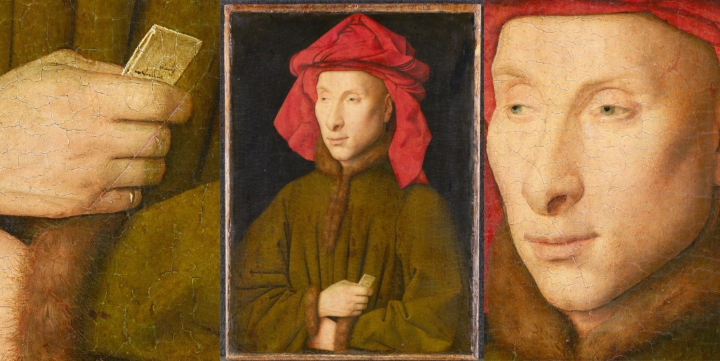 Das Gemälde (Jan van Eyck: Giovanni Arnolfini) und Detailansichten, Vorzustand. © Staatliche Museen zu Berlin, Gemäldegalerie / Christoph Schmidt  