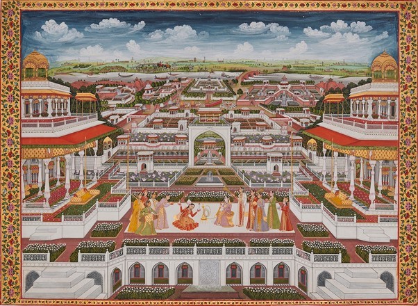Unterhaltung in einem Palastgarten von Faizullah (1765-1775), Faizabad, Indien. Opake Aquarellfarbe und Gold auf Papier. 50,5 x 69,2. © Aga Khan Museum.