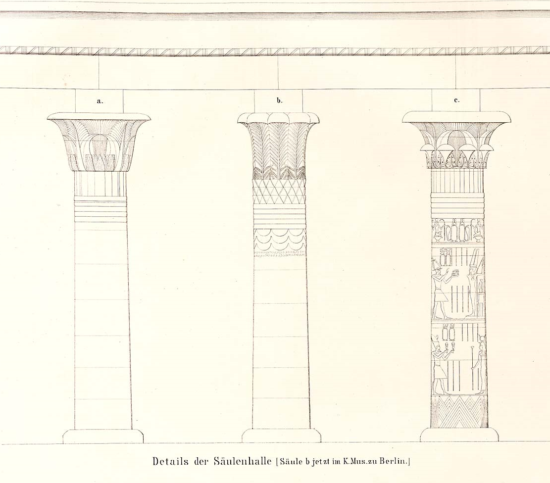Abb. 12: Säulen der Westkolonnade im Isis-Tempel von Philae mit dem Berliner Exemplar in der Mitte. Aus: Lepsius, Denkmäler I, Bl. 107.